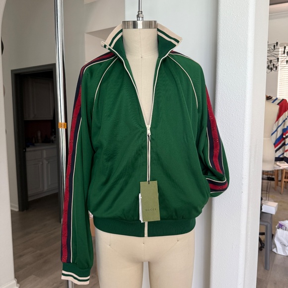 GUCCI Green Cotton/Poly blend Jacquard Zip up TRACK Jacket Sweatshirt, size Lg. - Picture 3 of 13